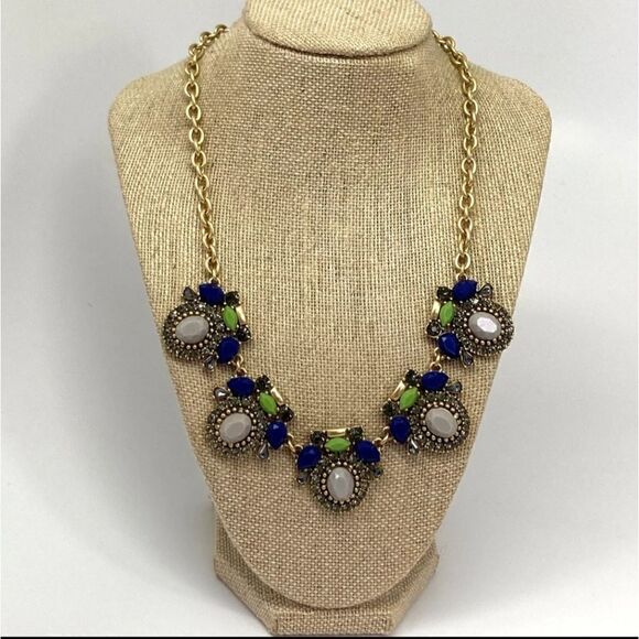 Designer J. Crew Gold-Tone Blue Green Framed Stones Statement Necklace - Picture 1 of 4